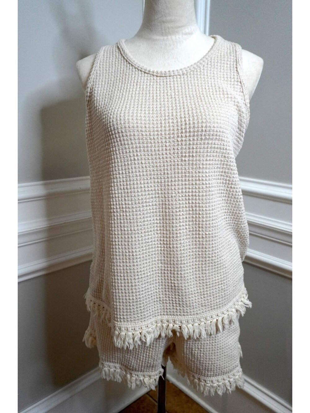SHEIN Cream Waffle Knit Tank Top and Shorts Set, Size Large